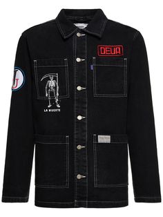 Front button closure. Embroidered patch details. Four front patch pockets. Model is wearing a sizeM Black Denim Jacket, Cool Jackets, Embroidered Patch, Embroidered Patches, Patch Pocket, Black Men, Screw, Denim Jacket, How To Wear