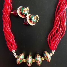 Multi Color Indian Jadtar Necklace And Earrings Necklace Is Adjustable Indian Pakistani Jewelry Set Red Necklaces With Matching Earrings For Celebration, Red Celebration Necklaces With Matching Earrings, Celebration Red Necklace With Matching Earrings, Multicolor Ruby Jewelry As Gift, Multicolor Ruby Jewelry Gift, Multicolor Ruby Jewelry For Gift, Red Round Jewelry Sets With Matching Earrings, Festive Red Necklaces With Matching Earrings, Festive Red Necklace With Matching Earrings