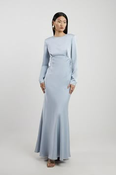 Satin Long Sleeve Maxi Dress Periwinkle Dress Long Sleeve, Gowns Dresses Long Sleeve, Maxi Evening Dress With Sleeves, Long Sleeve Blue Dress Formal, Formal Winter Dresses For Wedding, Light Blue Prom Dress Long Sleeve, Dusty Blue Bridesmaid Dresses Long Sleeve, Long Sleeve Blue Bridesmaid Dress, Modest Dresses Wedding Guest