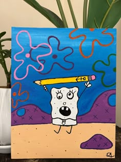 8x10 acrylic spongebob painting on canvas board / made with love <3 Cocomelon Painting Ideas, Easy Painting Ideas On Canvas Spongebob, Cute Paint Ideas On Canvas, Paint Marker Paintings, Baddie Paintings Canvas Ideas, Doodlebob Painting, Beginners Painting Ideas, Nickelodeon Paintings, Little Canvas Paintings Aesthetic