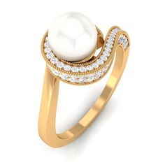 Product Details Elevate your style with our beautiful Bypass Engagement Ring, featuring a stunning Round Shape Freshwater Pearl at its center, accented with a shimmering Diamond halo and intricate beaded detailing. Crafted in gold, this Freshwater Pearl with Diamond Halo Ring exudes a luxurious and sophisticated charm, perfect for making a stylish statement on any occasion. With its elegant design and premium quality materials, this ring is sure to become a cherished addition to your jewelry col White Diamond Rings With Elegant Design, Elegant White Rings With Accent Stones, Classic White Rings With Elegant Design, Luxury Pearl Ring With Intricate Design, Luxury Modern Yellow Gold Pearl Ring, Luxury Hallmarked 14k Gold Pearl Ring, Exquisite Hallmarked Round Pearl Ring, Luxury 14k Gold Pearl Ring With Polished Finish, Bypass Engagement Ring