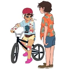 two people standing next to each other on bikes