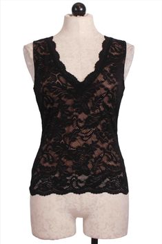 Fitted Sleeveless Tank Top With Delicate Lace, Scalloped Lace Sleeveless Camisole, Fitted Tank Lace Top With Delicate Lace, Black Sleeveless Delicate Lace Top, Fitted Scalloped Lace Sleeveless Top, Stretch Sleeveless Lace Top With Delicate Lace, Stretch Sleeveless Lace Top With Delicate Detail, Stretch Sleeveless Camisole With Delicate Lace, V-neck Lace Top With Scalloped Detail