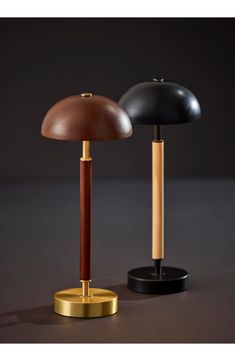 two black and brown lamps sitting next to each other