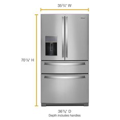 a stainless steel refrigerator is shown with measurements