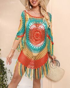 This crochet knit beach dress is the perfect vacation piece. Crafted from lightweight and breathable fibers for maximum comfort, it's designed to keep you feeling cool and looking cool on those hot summer days. Young Style: Bohemian Pattern Type: Patchwork Material: Acrylic Fabric Spring Beach Party Cover-up With Crochet Trim, Sleeveless Summer Cover-up With Crochet Trim, Beachwear Cover-up With Open Knit For Beach, Bohemian Summer Cover-up With Crochet Trim, Bohemian Hollow Out Dress For Beach Cover-up, Bohemian Lightweight Cover-up For Beach Party, Tropical Multicolor Beach Dress Cover-up, Open Knit Cover-up For Beach Party, Open Knit Swimwear For Beachwear On Vacation