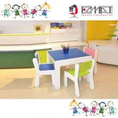 the children's table and chairs are all different colors