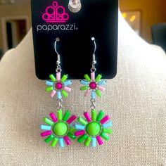 Multicolored Flower Earrings Fish Hook Style Spring Red Dangle Flower Earrings, Spring Party Jewelry With Matching Earrings, Multicolor Flower Earrings For Spring Party, Spring Party Dangle Jewelry, Colorful Dangle Earrings For Spring, Multicolor Drop Earrings For Spring, Multicolor Flower Earrings For Spring Gift, Multicolor Flower Jewelry For Summer, Spring Multicolored Dangle Earrings