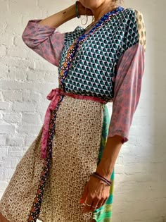 "This is long colourful boho style silky kimono robe  easy to wear wrap tie over coat for daily wear around house or in the hotel or at the beach  perfect silky flowy outfit to wear on its own or  as a cover up over blouse and jeans MEASURE Free size S/M length 40\" more available at  https://www.etsy.com/shop/AltheaStores?ref=seller-platform-mcnav thank You for looking" Spring Robe With Patchwork And Kimono Sleeves, Bohemian Multicolor Patchwork Robe, Multicolor Wrap Kimono With Patchwork, Multicolor Patchwork Wrap Kimono, Silk Patchwork Long Sleeve Kimono, Silk Long Sleeve Kimono With Patchwork, Long Sleeve Silk Kimono With Patchwork, Silk Kimono With Patchwork, Spring Bohemian Patchwork Robe