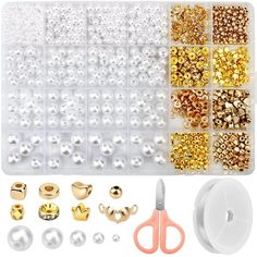 the beading kit includes gold, silver and white beads