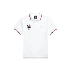 This Custom Slim Fit Polo shirt commemorates the Summer Olympic and Paralympic Games returning to the US in 2028. It’s embroidered with the Paralympic Agitos and an “LA28” graphic inspired by the iconic Ralph Lauren P-Wing symbol from the ’90s marking the first time in Olympic and Paralympic history where the Games emblem is reimagined by Ralph Lauren. White Tops With Embroidered Logo For Sports, White Sports Tops With Embroidered Logo, White Top With Embroidered Graphics For Sports Events, White Tops With Embroidered Graphics For Sports Events, White Short Sleeve Top With Logo Patch, White Sports Top With Embroidered Logo, Sporty Ralph Lauren Tops For Streetwear, Ralph Lauren White Tops With Graphic Print, Ralph Lauren White Top With Graphic Print