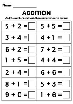 addition worksheet for kids with numbers and the missing number in the box on it