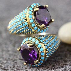 Gothic Turquoise Beaded Amethyst Gold Ring - AtPerry's Healing Crystals Ring Party Jewelry, Purple Rings, Carved Ring, Woman Jewelry, Zircon Jewelry, Amethyst Gold, Estilo Punk, Rock Candy, Style Punk