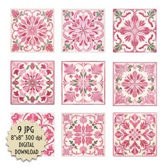 nine pink and white tiles with floral designs