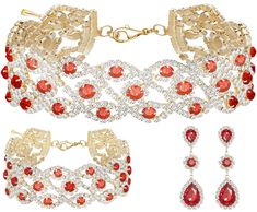 PRICES MAY VARY. ❤ FLOWER DESIGN: women bridal bridesmaids costume jewelry set for women red ruby garnet birthstone floral statement necklace earrings bracelets jewelry sets are flower design. The flower design rhinestone dotted with the white round crystal, the classic and elegant design always keep pace with fashion, never goes out of style. Easy to match any outfits. It makes you impressive anytime any occasion. ❤ Brand Name: Paxuan. Material: AAA quality Austrian crystal rhinestone. Size: Ne Elegant Metal Jewelry Sets For Party, Metal Jewelry For Wedding, Elegant Metal Bridal Sets For Party, Costume Jewelry Metal Bridal Sets, Crystal Jewelry Sets For Anniversary On Valentine's Day, Crystal Jewelry Sets For Anniversary And Valentine's Day, Glamorous Metal Jewelry Sets For Wedding, Elegant Cubic Zirconia Jewelry Sets For Valentine's Day, Crystal Rhinestone Jewelry Sets For Gifts