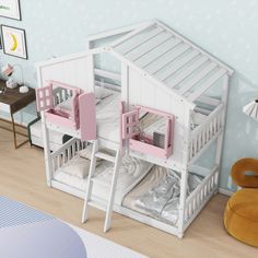 two children's bunk beds with pink and white furniture