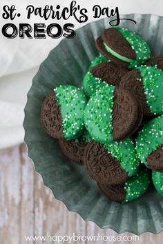 green and brown cookies with white sprinkles in a bowl