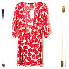 Zara Dress Size Small This Is A Wrap Dress Low V Neck Red Flowers On A Cream-Ish Background. Pops Of Purple In The Flowers Sleeve Up To Elbow Approx Puckered Opening On Sleeve As Shown In Pic Fitted Summer Dresses For Holiday, Open Front Dresses For Day Out, Spring Open Front Flowy Dresses, Flowy Open Front Spring Dress, Flowy Open Front Dress For Spring, Red Printed Floral Dress For Spring, Fitted Printed Holiday Dress, Summer Flowy Open Front Dress, Flowy Open Front Summer Dress