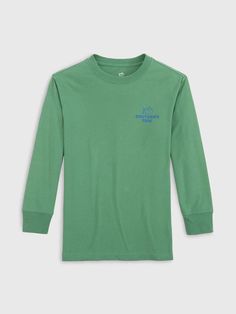 a green long sleeved shirt with blue writing on the chest and an embroidered logo