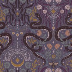 Mystic Serpent Peel & Stick Wallpaper Peel and Stick Wallpaper RoomMates Roll Plum Mystical Color Palette, Purple Gold Wallpaper, Wallpaper In Purple, Purple And Gold Wallpaper, Roommate Decor, Snake Wallpaper, Nature Purple, Wallpaper Print, Black Backdrop