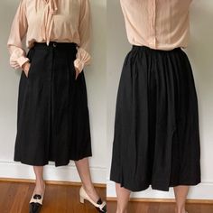 "Beautiful Valentino black linen skirt. Buttons down the front w/ pockets on side, elastic waist on back. In excellent vintage condition. Also have one in white that is getting listed. Measurement taken flat: 13\" waist (elastic in back- safely fits 26/27\" waist...possibly 28) 29.5\" length 33\" hip (fit is loose, that measurement is it stretch laying flat to its maximum)" Velvet Skirt Pencil, Black Linen Skirt, Gucci Leather Belt, Couture Evening Dress, Black Velvet Skirt, Vintage Valentino, Reversible Coat, Valentino Black, Long Skirts For Women