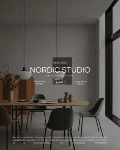 an advertisement for nordic studio featuring chairs and a table in front of a large window