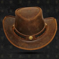 Elevate your western style with this handcrafted leather cowboy hat, designed for both cowboys and cowgirls. Whether you're out on the ranch or enjoying a night under the stars, this hat adds a touch of authenticity to any outfit. Made from genuine leather, it's not just a hat--it's a statement piece that combines rugged durability with timeless style. Available in four distinct colors--black, brown, mustard, and burgundy--this hat ensures you find the perfect shade to match your personality. Wi Distressed Brown Leather Brimmed Hat, Vintage Distressed Brown Hat For Rodeo, Vintage Leather Fedora For Rodeo, Leather Hats For Country Events In Distressed Brown, Vintage Leather Hat For Western-themed Events, Leather Distressed Brown Hats For Country Events, Distressed Brown Leather Hats For Country Events, Adjustable Brown Top Hat For Ranch, Western Hats With Distressed Brown Short Brim