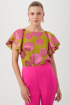 KAYRA TOP – Trina Turk Chic Multicolor Short Sleeve Blouse, Feminine Green Top With Flutter Sleeves, Feminine Green Tops With Flutter Sleeves, Feminine Green Flutter Sleeve Top, Chic Blouse With Floral Print And Butterfly Sleeves, Elegant Summer Top With Cape Sleeves, Multicolor Silk Short Sleeve Top, Chic Multicolor Blouse With Flutter Sleeves, Chic Multicolor Flutter Sleeve Blouse