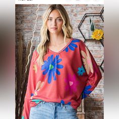 B129striking On-Trend Soft Red Daisy Fprint Top W/V-Neck+ Relaxed Fit 2wear On Or Off Shoulder! Gr8 Day2date Look 4 Color; Flattery; * Happy Print! Vibrant Red Tops For Fall, Vibrant Red Top For Fall, Trendy V-neck Top With Vibrant Print, Trendy V-neck Tops With Vibrant Print, Red Tops With Vibrant Print For Fall, Red Printed Tops For Fall, Casual Red Tops For Spring, Vibrant Red Long Sleeve Tops, Vibrant Printed Fall Tops