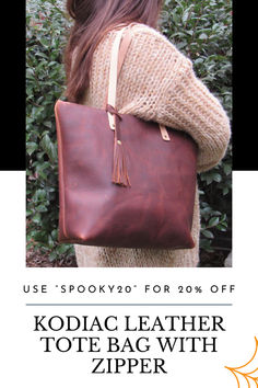 This beautiful full-grain Kodiac leather tote is available in an elegant Brown or luxurious Merlot color. This tote is perfect for everyday uses and for shopping. Our soft and stylish tote features veg-tanned straps, solid copper rivets and brass hardware. Leather handbags | Genuine leather bags | Luxury leather purses | Leather tote bags | Leather shoulder bags | Leather crossbody purses | Fashion purses | Trendy purses | Affordable purses | Stylish handbags | Clutch purses | Evening purse Purses Affordable, Affordable Purses, Fashion Purses, Tote Bag With Zipper, Merlot Color, Trendy Purses, Leather Totes, Stylish Purse, Stylish Handbags