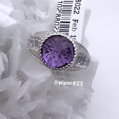 Brand New Sterling Silver Band Ring With Amethyst Gemstone Center And Diamonique Accents 3.10 Total Carats Of A Domed Bezel-Set, Checkerboard-Cut Genuine Amethyst Gemstone Channel-Set Baguettes And Bead-Set Diamonique Simulated Diamonds Total 0.75 Total Carats High Polished, Rhodium-Plated 925 Sterling Silver, With Twisted Rope And Berge-Textured Details Size 6 Measures 3/8” X 3/4” Msrp Of $400 Will Come Gift Boxed Next Day Shipping Luxury White Gold Amethyst Ring With Gemstone Accents, Silver Gemstone With Bezel Setting For Formal Occasions, Formal Silver Gemstone With Bezel Setting, Luxury Silver Round Gemstones, Luxury Silver Amethyst Ring, White Gold Amethyst Ring With Gemstone Accents, Luxury Silver Ring With Gemstone Accents, Luxury Silver Rings With Gemstone Accents, Fine Jewelry White Gold Amethyst Ring With Gemstone Accents