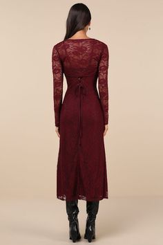 Bring a lot of confidence and style to your next event with the Lulus Certainly Iconic Burgundy Lace Midi Dress and Shrug Set! Sultry floral lace (atop a matching knit lining) shapes this sensational dress set that starts with adjustable spaghetti straps, a straight neckline, and a fitted bodice with gathering at the sides. The figure-skimming silhouette falls to a modern midi hem, while a lace-up design at the back lends a flirty finish. The matching, sheer shrug top features an open-front desi Sheer Shrug, Burgundy Lace Dress, Shrug Top, Lace Burgundy Dress, Burgundy Midi Dress, Shrug For Dresses, Deep Autumn, Dress Design Sketches, Burgundy Lace