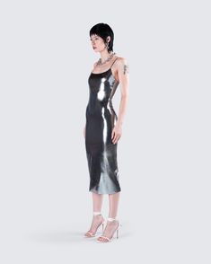 Claim your spotlight with this metallic gunmetal midi dress 😌 Crafted from metallic lamé stretch jersey complete with adjustable spaghetti straps - this look will leave everyone envious of your radiance 🤍 Drip Too Hard, Black Off Shoulder Top, Rhinestone Top, Angel Print, Black Off Shoulder, Sequin Mini Skirts, Dress Crafts, Mini Sweater Dress, Sequin Mini