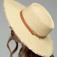 Beautiful Wide Brim With Frayed Fringe Edge Featuring A Leather Trim With Inner Adjustable Band Sun Hat *100% Straw *Approx. Circumference: 24" Crown Height: 4" Brim: 4.50" *Adjustable Band *Imported Straw Sun Hat For Spring Summer Outings, Trendy Flat Brim Beach Hat, Lightweight Flat Brim Panama Hat For Vacation, Beige Curved Brim Hat Bands For Vacation, Flat Brim Boater Hat For Summer Beach, Flat Brim Boater Hat For Beach In Summer, Summer Flat Brim Boater Hat For Beach, Trendy Wide Brim Boater Hat For Vacation, Coastal Straw Hat For Vacation