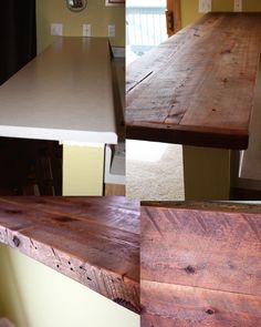 three different views of a wooden counter top