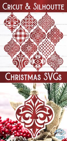 christmas svg cut and silhouettes are on display in front of holly branches with red berries