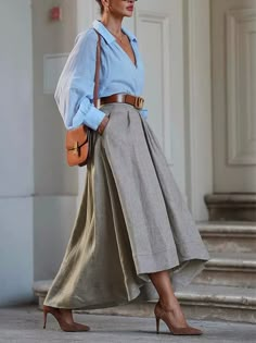 Elegant Regular Fit Plain Midi Skirt A Line Long Skirt Outfits, Elegant Long Skirt Outfits, Long Skirt Outfits Elegant, Summer Skirt Fits, Midi Skirts Ideas, Long Skirt Ideas Outfits, Modest Professional Outfits Women, Chic Linen Fall Skirt, Long Skirt And Shirt