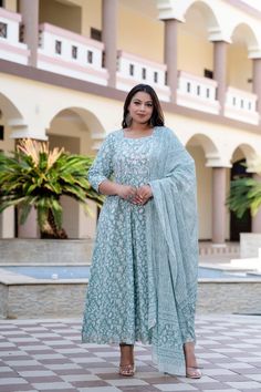 Festival Dress, Wedding Dress For Women, plus size indian wear, Kurta with dupatta, large size Suit Set | plus size indian clothes | plus size kurti for woman PRODUCT DETAILS: Fabric:-Cotton Print:-  All-Over Floral Print Style:-  Anarkali Kurta Dupatta Set DESIGN DETAILS: Grey Pure Cotton Embroidered Traditional Floral Block Print Beautiful Embroidered Yoke Pattern With Gota Lack Border Gota Patti Lace Placed On Kurti Sleeves and Ham Line ■ SIZE CHART:- SIZE 3XL Bust: 46" Waist: 44" Hip: 50' SI Turquoise Kurta With Zari Work For Wedding, Turquoise Kurta With Resham Embroidery For Wedding, Turquoise Dress With Dupatta For Eid, Turquoise Dupatta With Dabka Work For Diwali, Turquoise Anarkali Set With Dupatta For Eid, Turquoise Resham Embroidered Dupatta For Eid, Bollywood Style Turquoise Dress For Festivals, Anarkali Kurta In Turquoise For Eid, Anarkali Turquoise Kurta For Eid