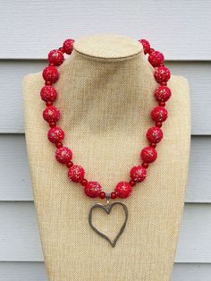 Chunky Large Silver Heart Pendant Jewelry / Confetti Valentine Beaded Necklace / Holiday Whimsical Fun Sweetheart Red / Party Beaded Necklaces With Heart Pendant, Heart-shaped Beaded Necklaces For Valentine's Day, Party Heart-shaped Beaded Necklaces With Heart Beads, Heart Beaded Necklaces For Parties, Red Necklaces For Valentine's Day Festive Occasions, Valentine's Day Necklace With Heart Charm And Round Beads, Valentine's Day Heart Charm Necklace With Round Beads, Red Necklace For Valentine's Day Festivities, Heart Beads Necklace For Valentine's Day