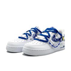 the nike air force 1 is decorated with blue and white ribbons on its upper part