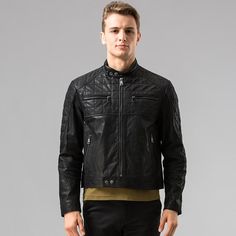 This motorcycle bomber jacket is bound to make you look fashionable. It's a winter biker coat that is designed with full sleeves, a solid pattern and a contrast color style. The adorable jacket for men is crafted using the full pelt technic to form a standard thickness and a solid pattern. It has a convenient zipper closure and more zippers for decoration.

Specifications
Gender: MEN
Outerwear Type: Leather & Suede
Material: Pigskin
Clothing Length: REGULAR
Sleeve Length(cm): Full
Thickness: STA Biker Coat, Motorcycle Men, Jackets Black, Cute Jackets, Jacket For Men, Genuine Leather Jackets, Bomber Jackets, Pig Skin, Suede Material