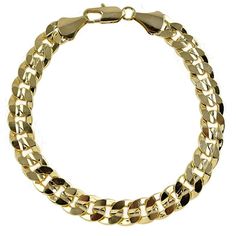 Men's curb link chain hip hop bracelet. 14K gold plated finish over brass metal. Measures 9" inches long x 9 mm wide. Bracelet weighs .9 ounces or 25 grams. Made in Korea for top quality workmanship. Stylish and secure lobster claw clasp. Enjoy 100% FREE SHIPPING in the USA.