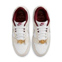 The Women's Nike Dunk Low SE Just Do It 'White Phantom' shoe is sure to upgrade your wardrobe. This iconic style features a textured leather and mesh upper, accompanied by gold hardware, “Just Do It” branding, and Roman numerical 2023 on the lateral heel and insoles. The color palette couples white with phantom and team red for a captivating effect with Photon Dust completing it. Finished off with a two-tone rubber sole, this shoe is the pinnacle of sophistication perfect for those who appreciat Board Outfit, Spring Jeans, Jordan 11 Retro Low, Nike Models, Shorts Skirt, Womens Air Jordans, Fresh Sneakers, Jeans Long, Team Red