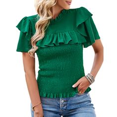 Green Drawstring Ruffle Short Sleeve Pleated Blouse Solid Color Tops With Ruffle Hem And Ruffle Sleeves, Brunch Tops With Ruffle Hem And Ruffled Collar, Stretch Ruffle Sleeve Top With Ruffles, Stretch Tops With Ruffle Sleeves And Details, Stretch Top With Ruffle Sleeves And Details, Trendy Stretch Blouse With Ruffles, Summer Non-stretch Ruffled Blouse, Stretch Blouse With Ruffles For Spring, Green Ruffle Hem Top For Spring