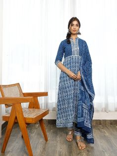 Indigo Bagru Hand Block Printed Cotton A-Line Kurta Set (Set of 3) by Pheeta now available at Trendroots Indigo Pants, A Line Kurta, Mandarin Collar, Printed Cotton, Block Print, Flower Designs, Ready To Wear, Sleeve Length, Fabric