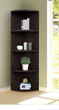 the corner shelf is brown and has books on it, along with a potted plant