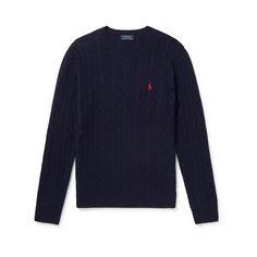 It's hard to resist a classic navy sweater and this one from Polo Ralph Lauren is one of the finest. It's cable-knitted from wool and cashmere-blend and embroidered with contrasting stitching at the chest. Channel the label's preppy design codes and team with chinos. Navy Classic Long Sleeve Sweater, Classic Navy Long Sleeve Sweater, Classic Navy Cashmere Sweater, Classic Cable Knit Polo Sweater, Classic Long Sleeve Cable Knit Polo Sweater, Wool Cable Knit Long Sleeve Polo Sweater, Navy Cable Knit Sweater For Fall, Long Sleeve Wool Cable Knit Polo Sweater, Long Sleeve Merino Wool Cable Knit Polo Sweater