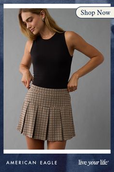 Soft knit fabric with a hint of stretch/Elastic waist/Pleats/Plaid print/Shorts underneath! Casual Fitted Skort With Elastic Waistband, Fitted Short Skort For Fall, Fitted Shorts With Short Inseam For Fall, Trendy Stretch Skort For Fall, Fitted Short Tops For Fall, Casual Short Tops In Elastane, Casual Short Elastane Tops, Short Skort For Day Out In Fall, High Waist Stretch Skort For Fall