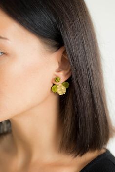 Introducing our stunning Gold and Green Ear Jacket Earrings, the perfect dainty gift for Her! These unique earrings feature a beautiful combination of beaded double sided design, seed bead climber style, and adorable ginkgo stud accents. Elevate your look with these versatile and eye-catching earrings that will make a statement wherever you go. Handcrafted with care and attention to detail, these earrings are sure to become a beloved addition to any jewelry collection. Treat yourself or surprise Stud Beaded Earrings, Herringbone Earrings, Miyuki Delica Earrings, Small Beaded Earrings, Boho Wedding Earrings, Bead Bottle, Gold Ear Jacket, Long Bridal Earrings, Double Sided Earrings