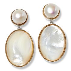 Colleen Lopez Cultured Pearl and Mother-of-Pearl Oval Drop Earrings  Add a touch of sophisticated style to any outfit with these shimmering mother-of-pearl drop earrings. Oval drops, topped with pretty pearls and embellished with goldtone accents, are sure to make any occasion seem extra-special!       Approx. 1-11/16"L x 13/16"W     Stamped .925; rhodium plating; goldtone accents     Pierced with clutch backs     Earrings have oval-shaped drops of white, mother-of-pearl     Drops connect to rou Luxury Formal Pearl Earrings With Mother Of Pearl, Luxury Mother Of Pearl Earrings For Formal Occasions, Luxury Oval Pearl Earrings For Formal Occasions, Classic Oval High Luster Pearl Earrings, Classic Oval Pearl Drop Earrings, Elegant Oval Pearl Earrings With High Luster, Oval High Luster Pearl Earrings For Formal Events, Formal High Luster Oval Pearl Earrings, Luxury Oval Pearl Drop Earrings